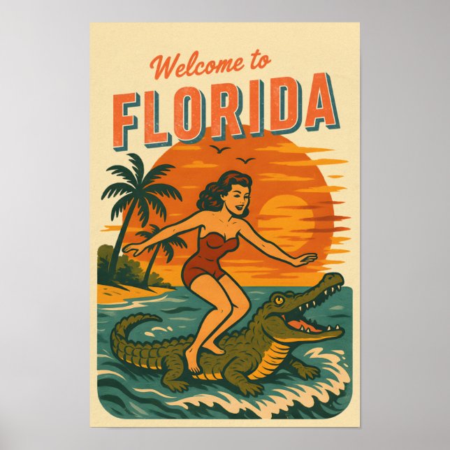 Alligator Surfing Beach Pin-up | Retro Coastal Art Poster (Front)