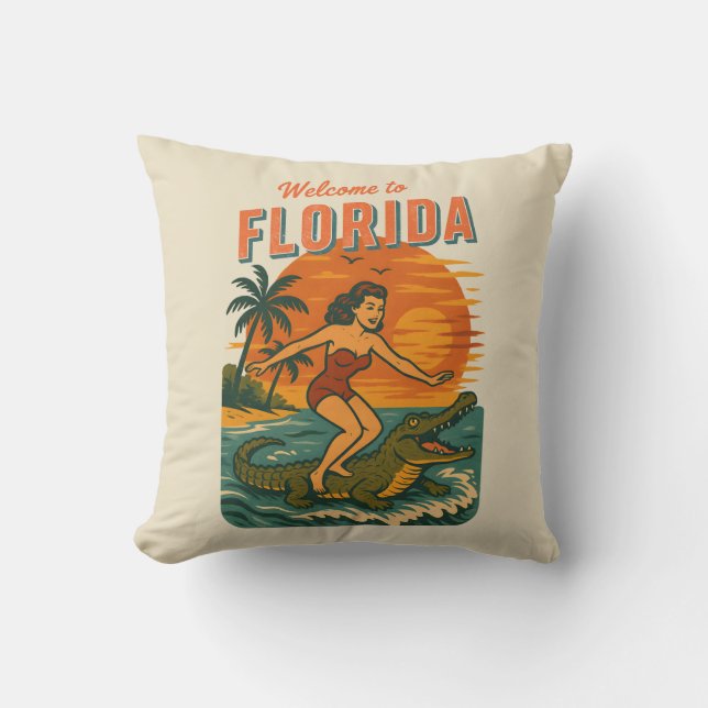 Alligator Surfing Beach Pin-up | Retro Coastal Art Throw Pillow (Front)