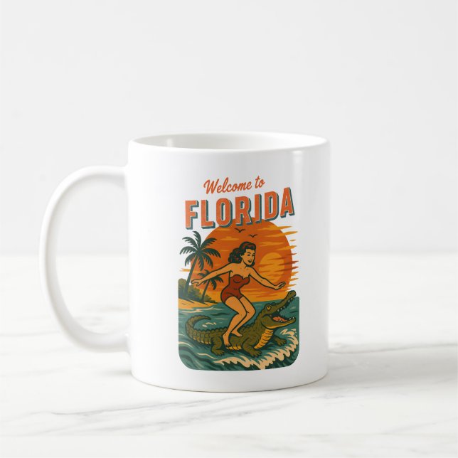 Alligator Surfing Beach Pin-up Retro Coastal Life Coffee Mug (Left)
