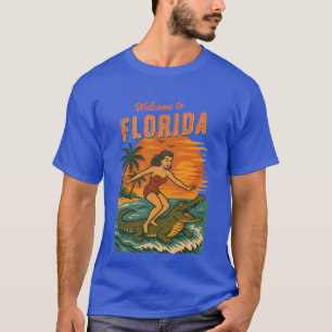 Alligator Surfing Beach Pin-up Retro Coastal Life T-Shirt