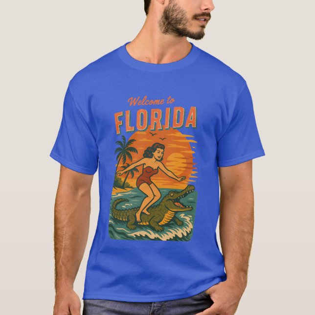 Alligator Surfing Beach Pin-up Retro Coastal Life T-Shirt (Front)