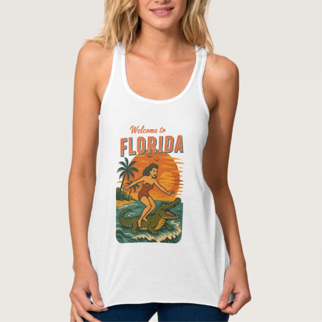 Alligator Surfing Beach Pin-up Retro Coastal Life Tank Top (Front)