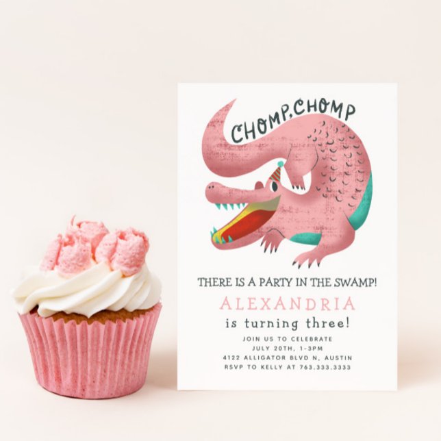 Alligator Theme Birthday Party Pink Invitation (Creator Uploaded)