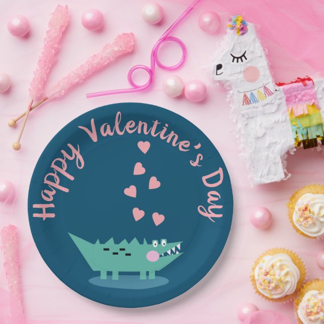 Alligator Valentines Day  Hearts Pink   Paper Plates (Party)