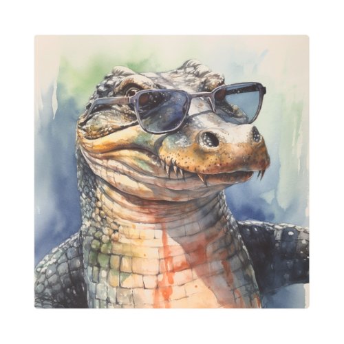 alligator wearing sunglasses metal print