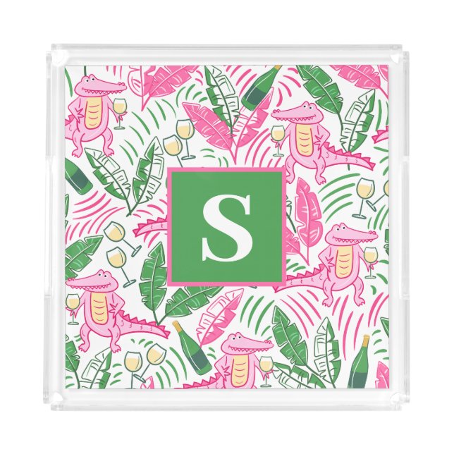 Alligator Wine Pink Green Monogram Preppy  Acrylic Tray (Front)