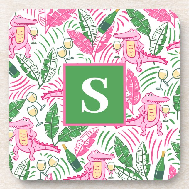 Alligator Wine Pink Green Monogram Preppy Beverage Coaster (Front)