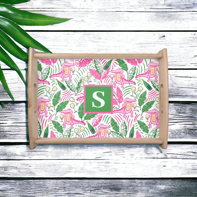 Alligator Wine Pink Green Monogram Preppy Serving Tray (Creator Uploaded)