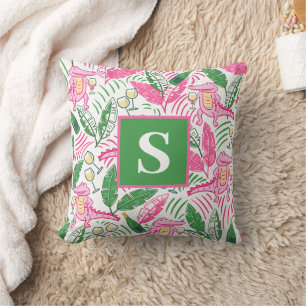 Alligator Wine Pink Green Monogram Preppy Throw Pillow