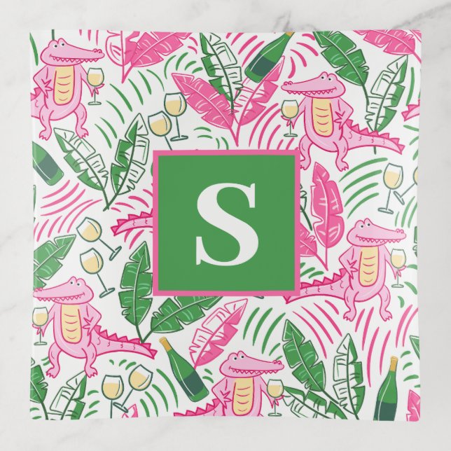 Alligator Wine Pink Green Monogram Preppy Trinket Tray (Front)