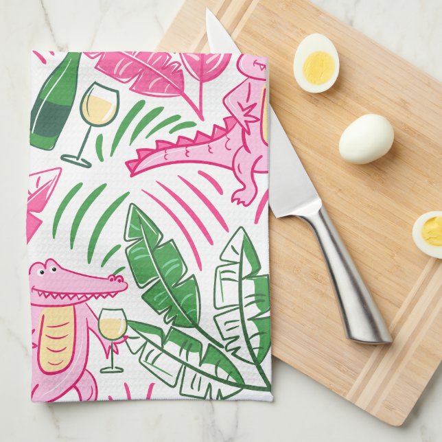 Alligator Wine Pink Green Preppy Kitchen Towel (Quarter Fold)