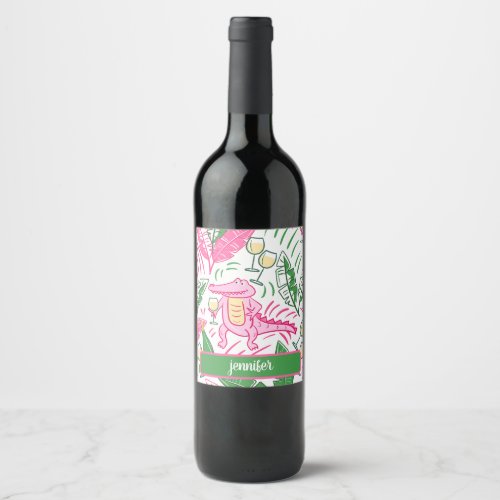 Alligator Wine Pink Green Preppy Personalized Wine Label