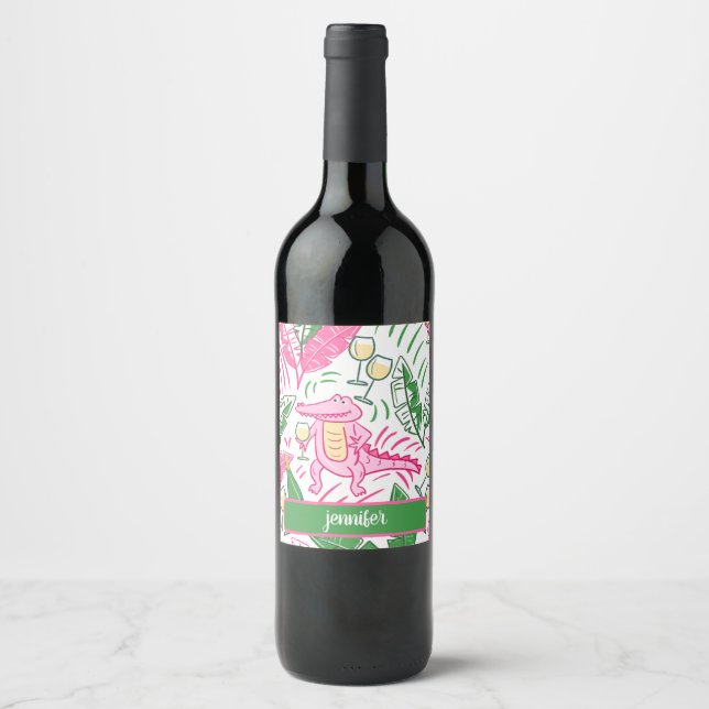 Alligator Wine Pink Green Preppy Personalized Wine Label (Front)