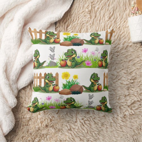 Alligator with an apple in the Garden  Throw Pillow