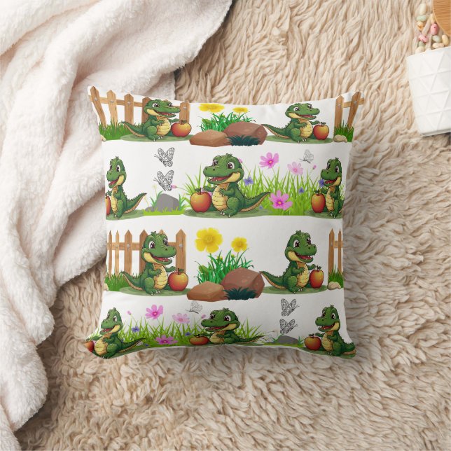 Alligator with an apple in the Garden  Throw Pillow (Blanket)