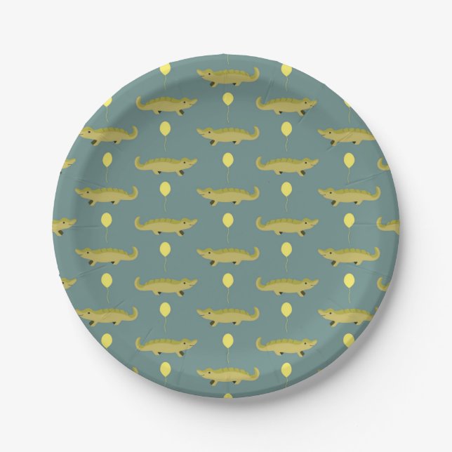 alligator with balloons printed grey paper plates (Front)