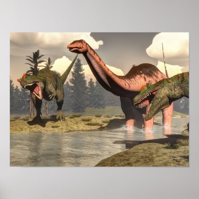 Allosaurus hunting big brontosaurus dinosaur poster (Front)