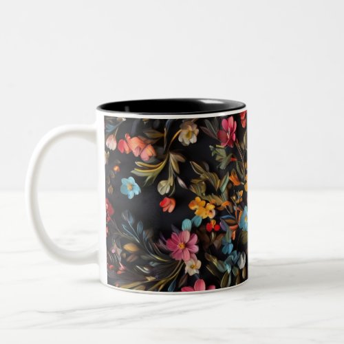 Allover print of small flowers on black background Two_Tone coffee mug