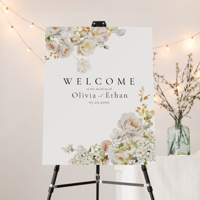 Allure - White Roses & Baby's Breath Wedding Foam Board (In Situ (Stand))