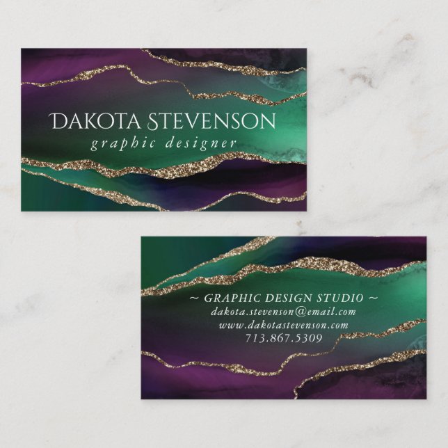 Alluring Agate | Dark Jewel Tone Stone Gold Veins Business Card (Front/Back)