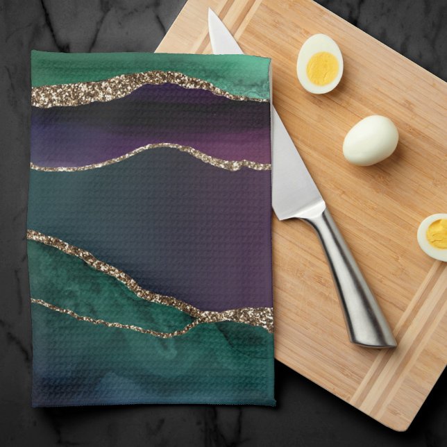 Alluring Agate | Dark Jewel Tone Stone Gold Veins Kitchen Towel (Creator Uploaded)