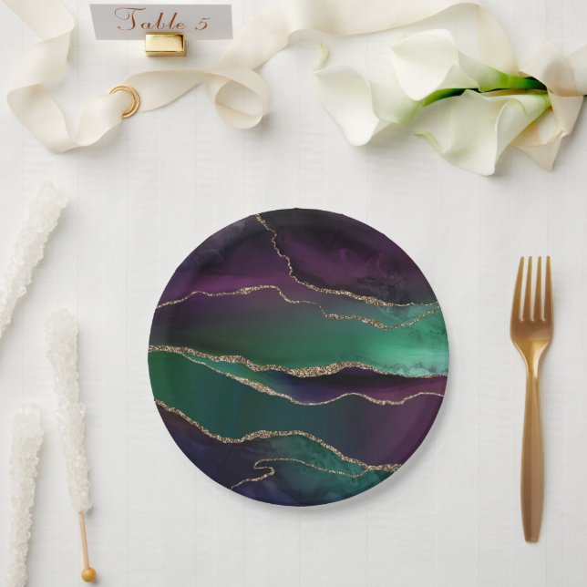 Alluring Agate | Dark Jewel Tone Stone Gold Veins Paper Plates (Wedding)