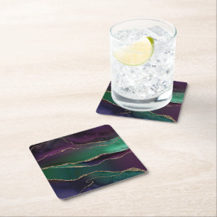 Alluring Agate   Dark Jewel Tone Stone Gold Veins Square Paper Coaster