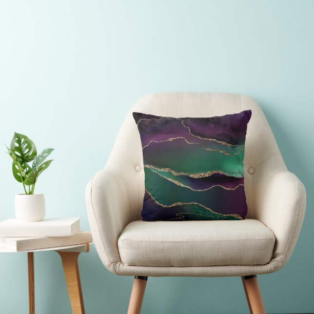 Alluring Agate | Dark Jewel Tone Stone Gold Veins Throw Pillow (Chair)