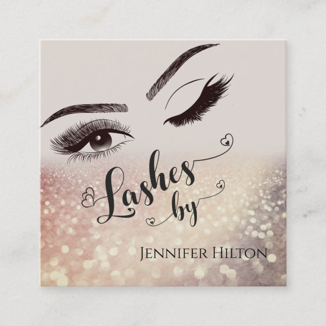 Alluring glittery lashes makeup winking eyes square business card (Front)
