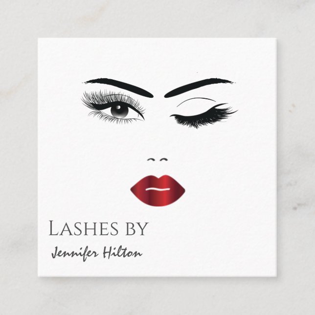 Alluring modern simple sensual winking girl face square business card (Front)