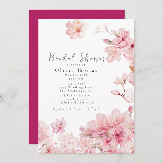 Alluring Pink Cherry Blossom Flowers Bridal Shower Invitation (Front/Back)