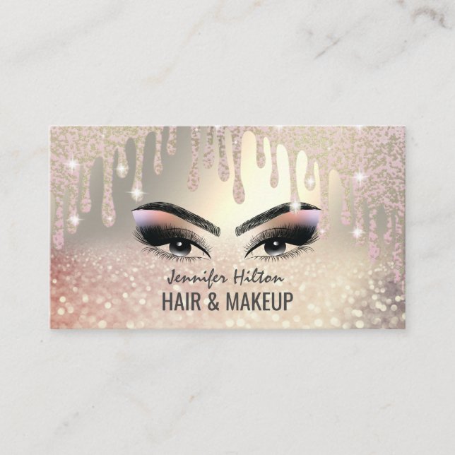 Alluring rose gold glittery hair & makeup business card (Front)