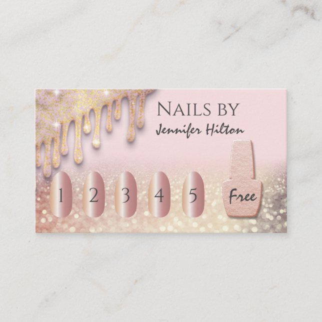 Alluring rose gold glittery nail salon business card (Front)