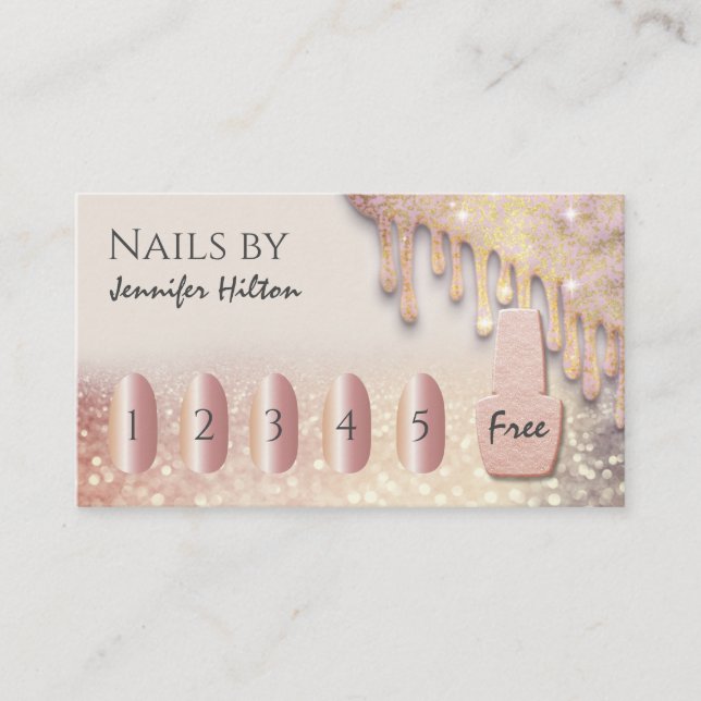 Alluring rose gold glittery nail salon business card (Front)