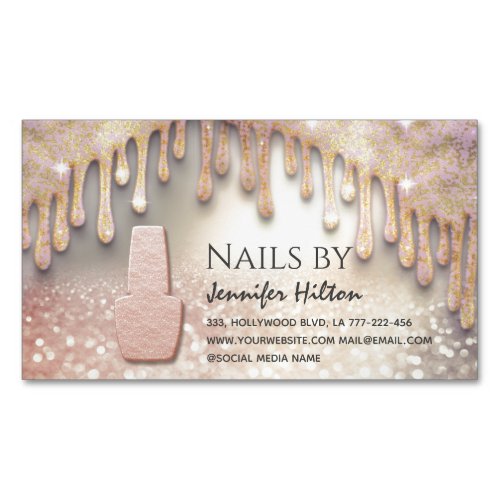 Alluring rose gold glittery nail salon business card magnet