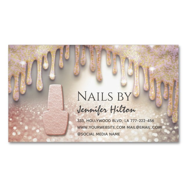 Alluring rose gold glittery nail salon business card magnet (Front)