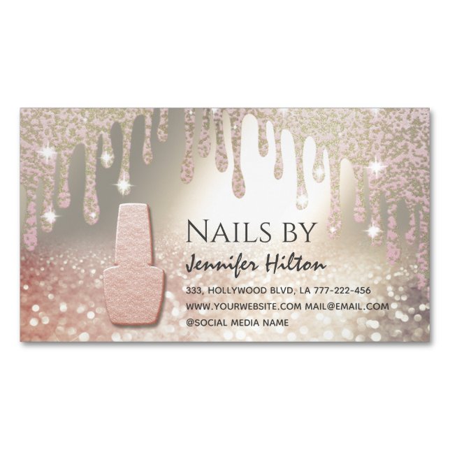 Alluring rose gold glittery nail salon business card magnet (Front)