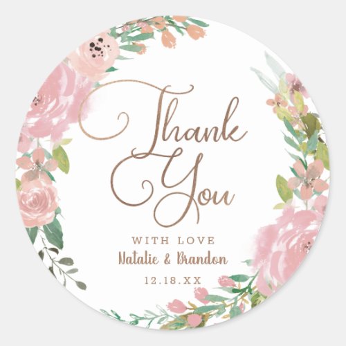 Alluring Rose Vintage Dusty Pink Floral Thank You Classic Round Sticker