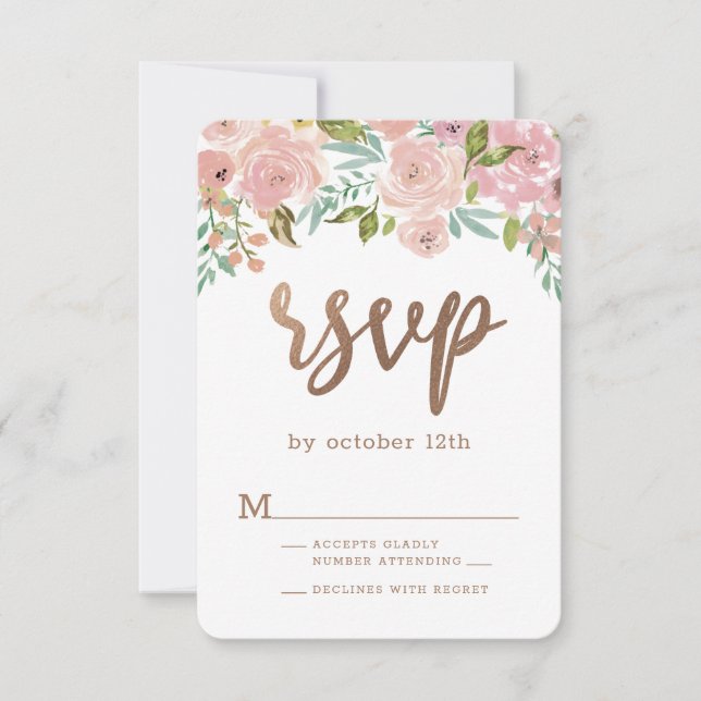 Alluring Rose Vintage Dusty Pink Floral Watercolor RSVP Card (Front)
