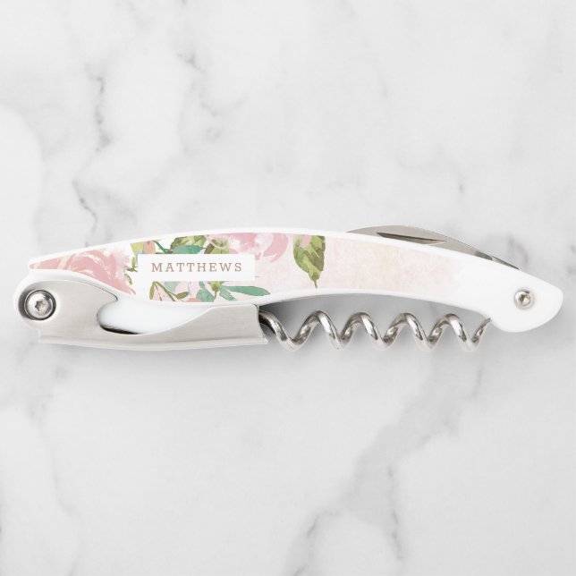 Alluring Rose Vintage Dusty Pink Wedding Monogram Waiter's Corkscrew (Front)