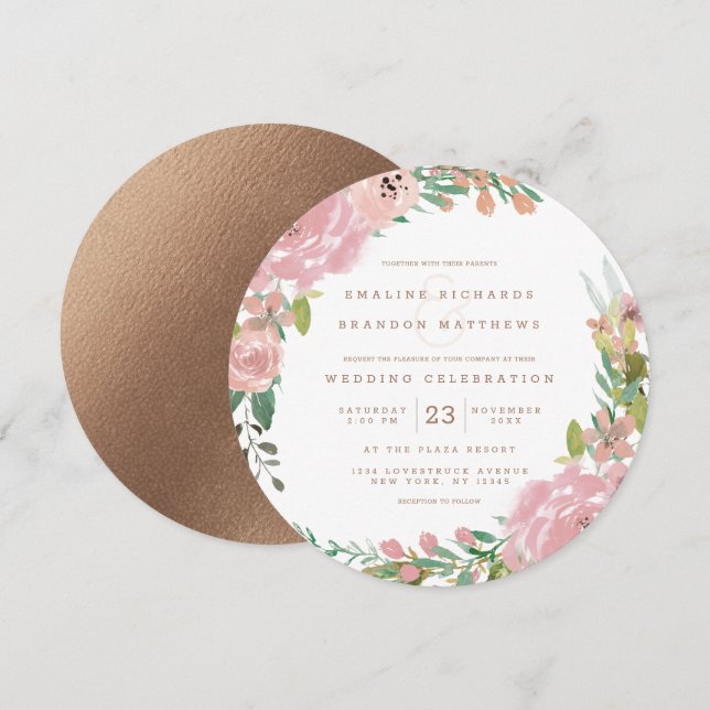 Alluring Rose Vintage Pink Floral Circle Wedding Invitation (Front/Back)