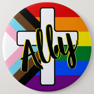 Ally and Cross with Progress Pride Flag Button