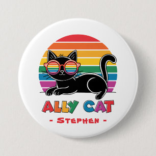 Ally Cat – Black Cat with Rainbow Sunglasses LGBTQ Button