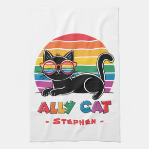 Ally Cat – Black Cat with Rainbow Sunglasses LGBTQ Kitchen Towel