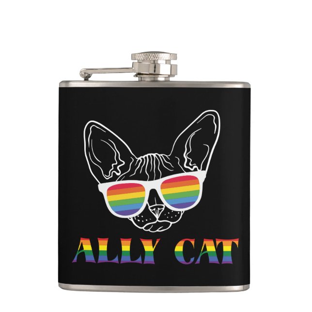 Ally Cat – Cute Pride Cat with Rainbow Sunglasses Flask (Front)