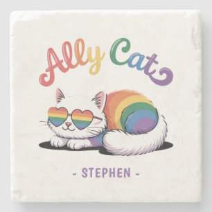 Ally Cat – Cute White Cat LGBTQ Pride (2) Stone Coaster