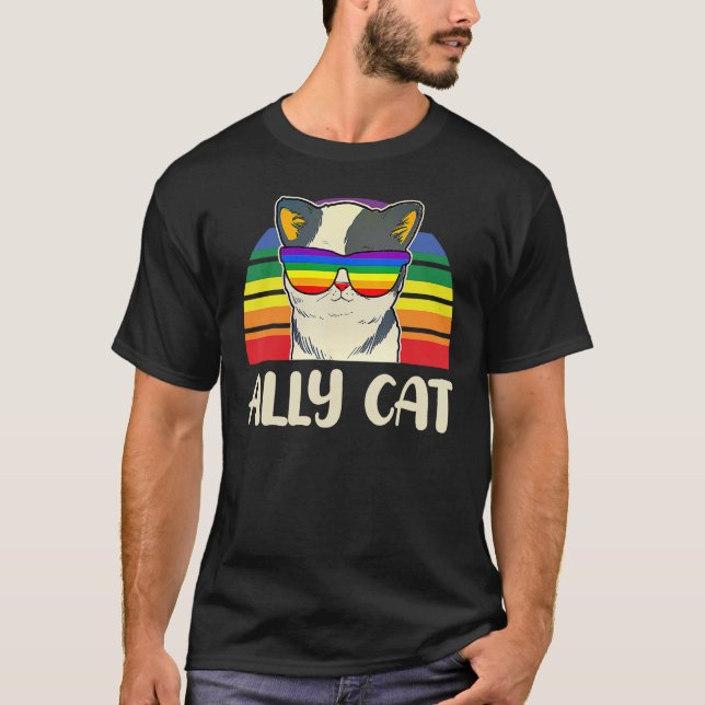 Ally Cat Glasses Sunset Rainbow LGBT Gay Lesbian T T-Shirt (Front)