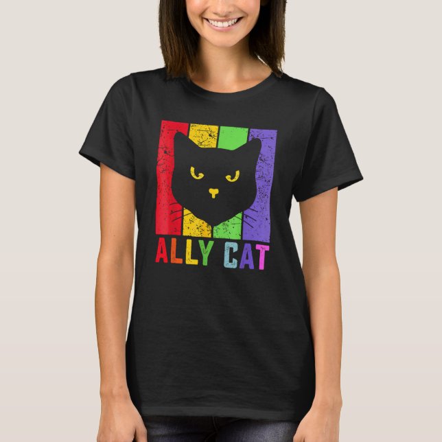 Ally Cat LGBT Gay Rainbow Pride Flag  Cat T-Shirt (Front)