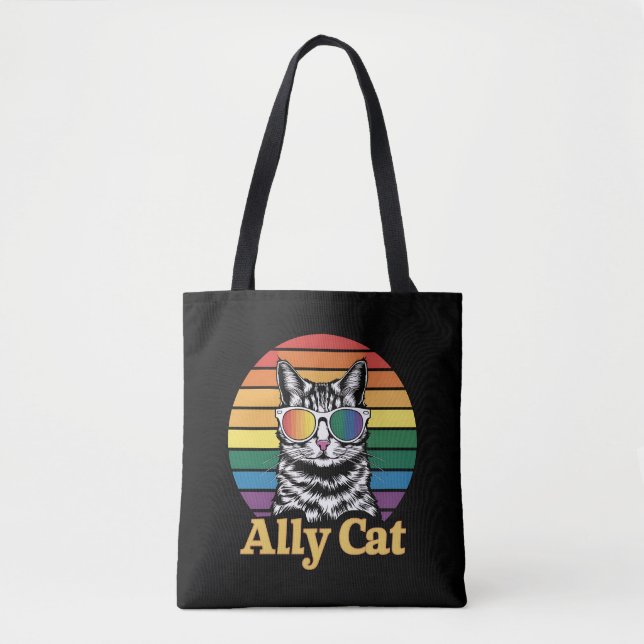 Ally Cat LGBT Rainbow Flag LGBTQ Gift Tote Bag (Front)