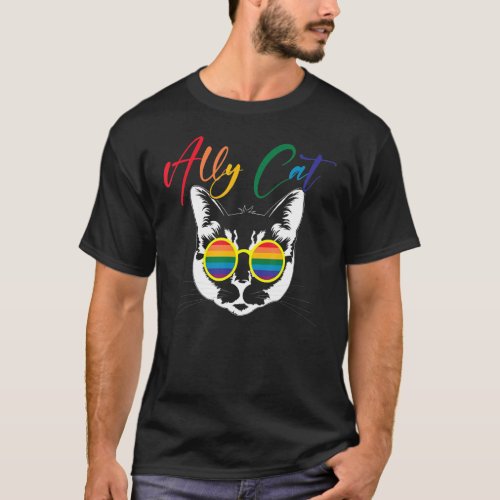 Ally Cat Rainbow Sunglasses Gay Pride T_Shirt